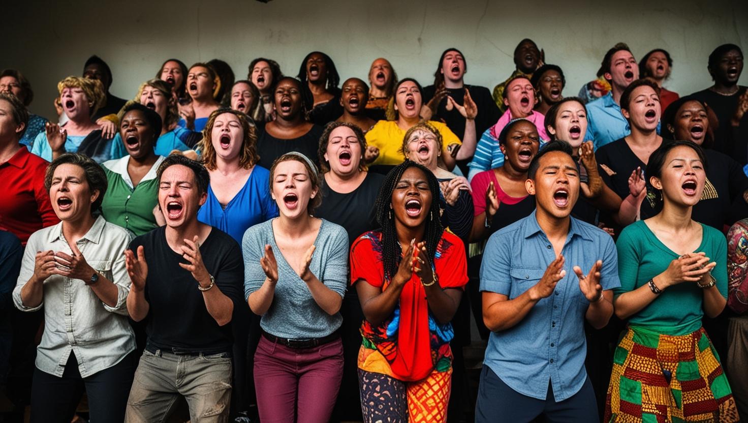 A candid, documentary-style photograph of a diverse group of people forming a choir, captured in a natural, unposed moment, with each individual facing forward and singing energetically, their faces contorted in various expressions of passion and emotion. The choir members are arranged in a disordered, organic formation, with some standing, others sitting, and a few leaning against each other, conveying a sense of spontaneity and informality. The singers' attire is casual, with a mix of vibrant colors and patterns, adding to the sense of chaos and playfulness. The lighting is soft and natural, with subtle shadows and highlights that accentuate the textures of the singers' clothing and skin tones, which range from fair to dark. The overall mood is lively and joyful, with a sense of community and shared purpose. The photograph has a gritty, unpolished quality, with a shallow depth of field, blurring the background and emphasizing the choir members' faces and gestures..