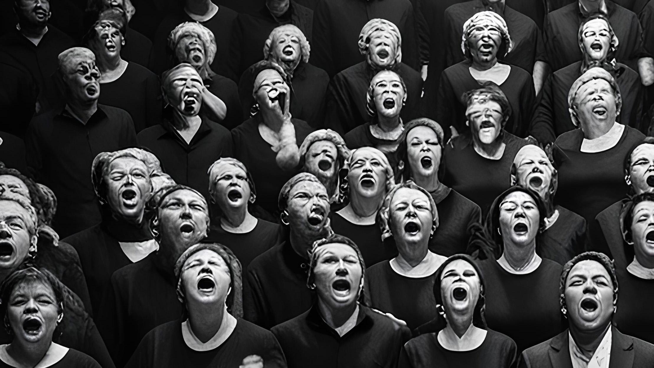 A dramatic, high-contrast, black and white photograph of a 100-member choir standing in a dense, disordered cluster, their faces intense and focused as they sing with passion towards the front of the frame, their body language relaxed, and informal, with no sense of religiosity. The image is captured with a candid, documentary-style approach, utilizing the warm, gritty texture of film photography, with a prominent grain that adds to the sense of realism. The 50mm lens provides an intimate, immersive perspective, while the f/1.8 aperture creates a shallow depth of field, drawing attention to the individual faces. The lighting is harsh and directional, casting deep shadows and accentuating the contours of the singers' features. The desaturated tones and lack of skyward gaze add to the sense of grounded, everyday realism, while the impeccable composition makes the image feel both spontaneous and meticulously crafted.