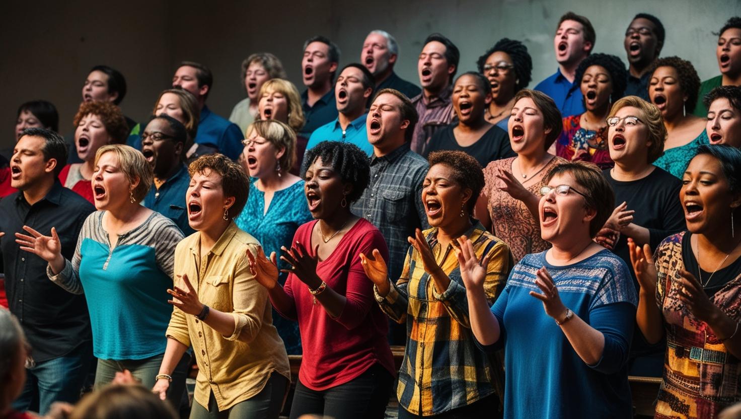 A candid, documentary-style photograph of a diverse group of people forming a choir, captured in a natural, unposed moment, with each individual facing forward and singing energetically, their faces contorted in various expressions of passion and emotion. The choir members are arranged in a disordered, organic formation, with some standing, others sitting, and a few leaning against each other, conveying a sense of spontaneity and informality. The singers' attire is casual, with a mix of vibrant colors and patterns, adding to the sense of chaos and playfulness. The lighting is soft and natural, with subtle shadows and highlights that accentuate the textures of the singers' clothing and skin tones, which range from fair to dark. The overall mood is lively and joyful, with a sense of community and shared purpose. The photograph has a gritty, unpolished quality, with a shallow depth of field, blurring the background and emphasizing the choir members' faces and gestures.