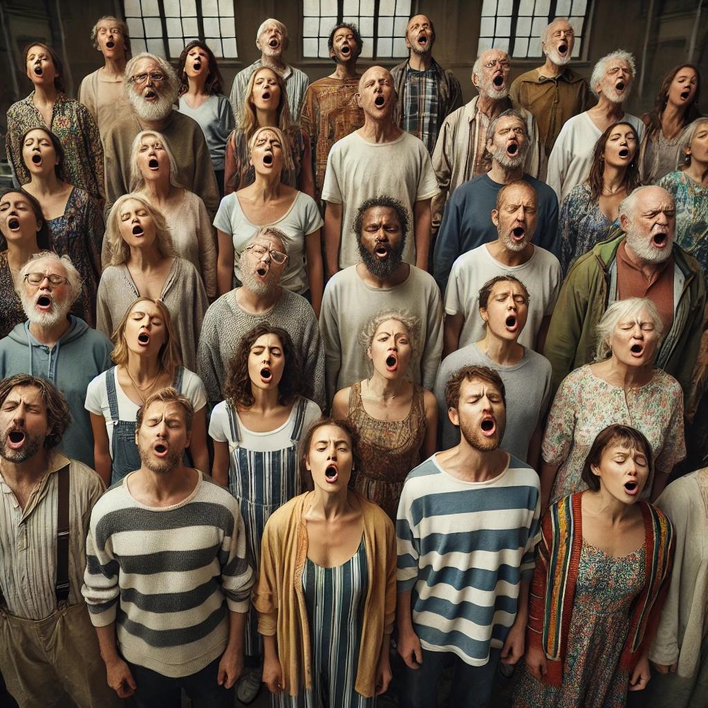 A candid, documentary-style photograph of a diverse group of people forming a choir, captured in a natural, unposed moment, with each individual facing forward and singing energetically, their faces contorted in various expressions of passion and emotion. The choir members are arranged in a disordered, organic formation, with some standing, others sitting, and a few leaning against each other, conveying a sense of spontaneity and informality. The singers' attire is casual, with a mix of vibrant colors and patterns, adding to the sense of chaos and playfulness. The lighting is soft and natural, with subtle shadows and highlights that accentuate the textures of the singers' clothing and skin tones, which range from fair to dark. The overall mood is lively and joyful, with a sense of community and shared purpose. The photograph has a gritty, unpolished quality, with a shallow depth of field, blurring the background and emphasizing the choir members' faces and gestures.