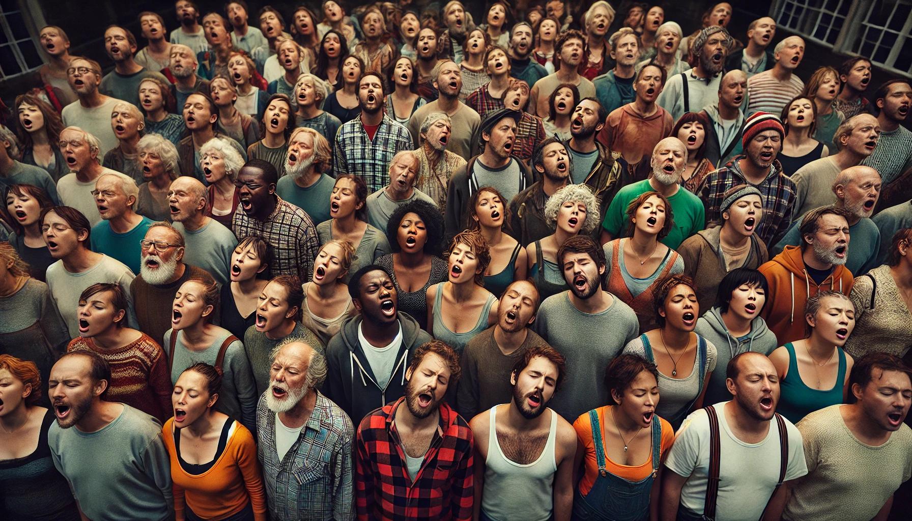 A candid, documentary-style photograph of a diverse group of people forming a choir, captured in a natural, unposed moment, with each individual facing forward and singing energetically, their faces contorted in various expressions of passion and emotion. The choir members are arranged in a disordered, organic formation, with some standing, others sitting, and a few leaning against each other, conveying a sense of spontaneity and informality. The singers' attire is casual, with a mix of vibrant colors and patterns, adding to the sense of chaos and playfulness. The lighting is soft and natural, with subtle shadows and highlights that accentuate the textures of the singers' clothing and skin tones, which range from fair to dark. The overall mood is lively and joyful, with a sense of community and shared purpose. The photograph has a gritty, unpolished quality, with a shallow depth of field, blurring the background and emphasizing the choir members' faces and gestures.